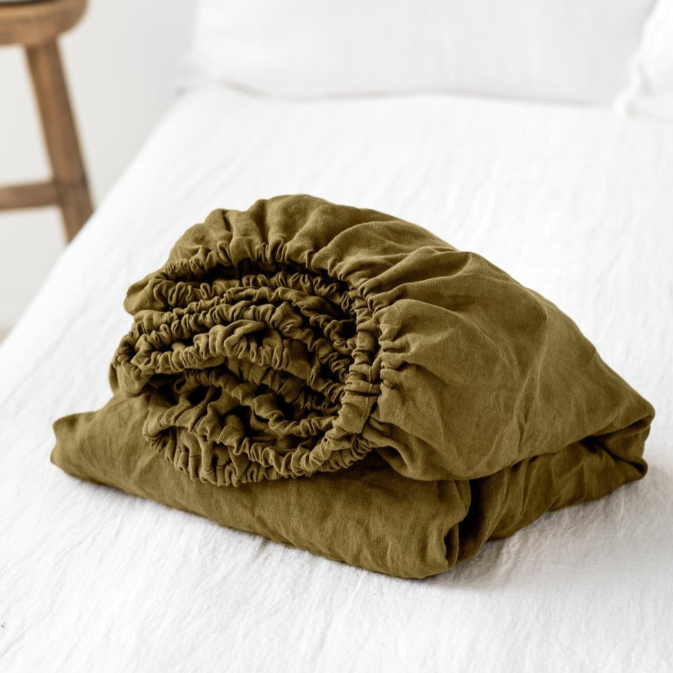 Drap housse en lin Magic Linen -  Olive green